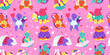 The seamless horizontal pattern featuring cute turtles celebrating different holiday on a pink background