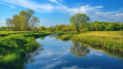 Wall Mural - Pond in the forest. Nature, tree, lake, fish, water, mud, reeds, frogs, water lily, swamp, fishing, swan, water lilies, river, crucian carp, park. Generated by AI