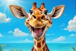 Funny caricature smiling giraffe with wide toothy smile on sunny ocean background. Travel and vacation concept. AI generated
