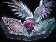 Dove Above A Fantasy Book Carries A Rose. Peace And Love Concept