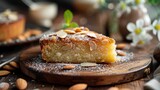 Fototapeta  - A tempting slice of Moroccan almond and orange blossom cake, dense and moist with ground almonds 