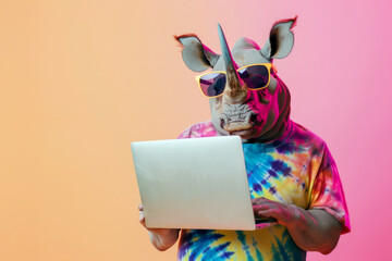 Portrait of funny rhino in sunglasses wearing fashionable t-shirt with laptop on colorful background. Concept of courses and training.