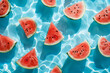Watermelon slices floating in swimming pool. Summer background. Top view