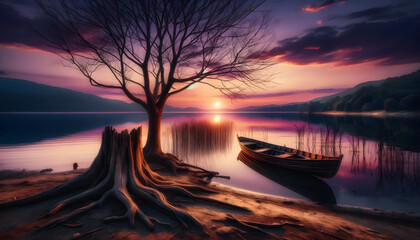 Wall Mural - A tranquil lakeside at twilight, leafless tree beside an old wooden boat resting on the shore. The lake's still water reflects a vibrant sunset