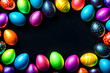 Banner Colorful easter eggs on a black background with copy space in the middle. Neon and fluorescent style.