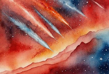 Wall Mural - celestial wallpaper with a pattern of comets in different shades of fiery red, overlaid with a mystical multicolored painting of a meteor shower.