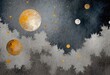 celestial wallpaper with a pattern of moons in different shades of silvery gray, overlaid with a mystical multicolored painting of a night sky.
