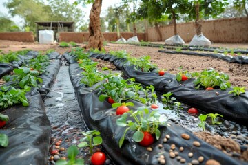 Wall Mural - Fresh Tomato Plants Growing in Organic Garden with Mulching Technique for Weed Control