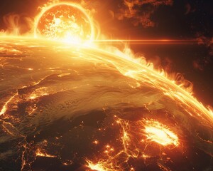 Sun looming large over Earth, intense glow, dramatic scale increase, climate emergency , 3D render, clear detailed, sharp focus