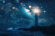 © Olegarx525 - Generative ai on theme of large retro lighthouse with beam of bright light shining out to blue sea