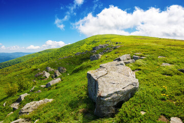 Wall Mural - mountain landscape with stones and rocks. nature scenery of carpathian alpine highlands. grassy mead