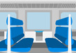 Interior de un tren con asientos azules.