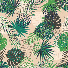 Wall Mural - Green pattern with tropical leaves and abstract strokes. Monstera pattern