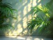 Spring sunlight in green palm branch with shadow on white marble tile wall, sunlight on white wall background