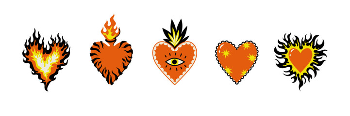 boho celestial magic art mexican sacred hearts with stars eyes flame fire. contemporary illustration