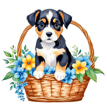 A Puppy In A Floral Basket, Watercolor Illustration, Cute Dog, Pet Animal, Domestic, Pet Gift Hamper, Cutout On White Background, Furry, Black White Dog, Colorful Flowers