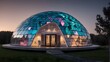A futuristic dome-shaped house, illuminated by LED panels that change color with the weather Generative AI