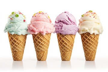 Four cones with different ice creams on a white background.