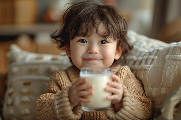 Sticker - Cute baby enjoying a glass of nutritious milk that promotes health and growth in childhood.