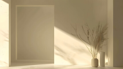 White background with light shining on the wall, empty space for product presentation mockup. Beige soft color. Minimalism, 3D rendering illustration in the style of minimalism