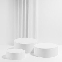 Wall Mural - Abstract scene with three white round podiums with striped pillar as decoration, mockup on white background. Template for presentation cosmetic products, gifts, advertising, design in fashion style.