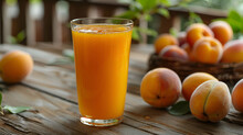 Glass Of Apricot Juice And Fresh Apricots On Wooden Table On Green Background ,Fresh Natural Peach Juice On The Wooden Table, Rustic Style
