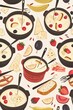 A pattern wallpaper of Swiss cheese fondue: Fondue pots with dipping bread and fruits