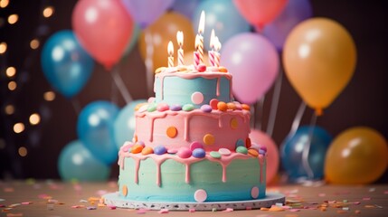 Wall Mural - A birthday cake with three candles on it and colorful balloons in the background