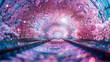 Train tracks run through cherry blossom tunnels