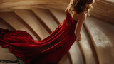 Fototapeta  - Kobieta w czerwonej sukni idąca po kręconych schodach