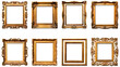 Six vintage gold frames on white background