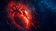 Heart with internal red flame, blood vessel system detail