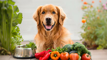 Happy Golden Retriever Dog With Vegetables