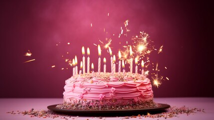 Wall Mural - A pink birthday cake with candles on it