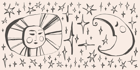 sun, moon, stars magic background, hand drawn quirky doodle astrology banner, esoteric vector backdr