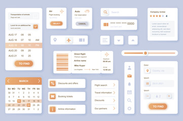 Aufkleber - User interface elements set for Booking mobile app or web. Kit template with HUD, flight ticket reservation, travel information, online order, review, search. Pack of UI, UX, GUI. Vector components.
