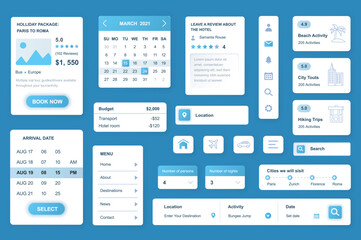 User interface elements set for Travel agency mobile app or web. Kit template with HUD, calendar, tour information, destinations, hotel review, search trip. Pack of UI, UX, GUI. Vector components.