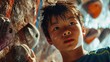A young boy is focused while climbing an indoor rock wall