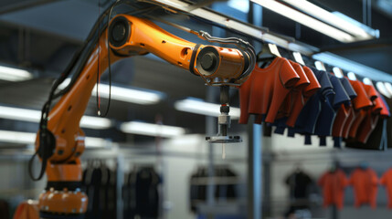 Poster - Automated clothing factory. Fashion industry. Modern robotic clothing production. Automated hand sewing clothes