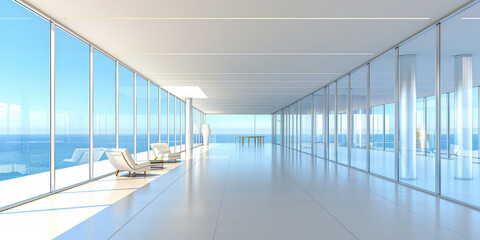 A large, empty room with a view of the ocean. The room is mostly white with a few chairs and a table