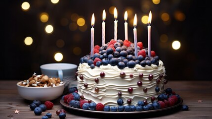 Wall Mural - A cake with candles on it and berries on top