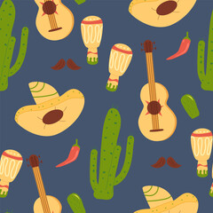 Wall Mural - Cactus and sombrero with guitar repeat background. Mexican seamless pattern. Hats of mariachi musicians and maraca endless cover. cinco da mayo loop ornament. Vector illustration.