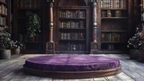 Fototapeta  - Elegant Purple Velvet Podium on English Library Background, Perfect for Handmade Jewelry Ads