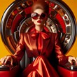 Avant garde red theme fashionable lady wearing  ornate sunglasses with orange background