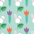 Hand drawn seamless colorful vector floral pattern with easter bunnies