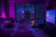 a bedroom with a lofi theme and a large window with the city at night