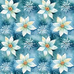 Wall Mural - Watercolor christmas winter floral and snowflake pattern on blue background