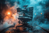 Fototapeta  - Shot of a director's chair with a camera on it, surrounded by smoke and fog, with a movie set in the background creative with ai.
