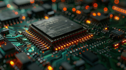 Close-up macro shot, clear simple visual, hypermodern AI computer processor chip on circuit board. Isolated, top-down view. No shadow