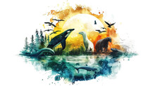 World Habitat Wildlife Day, Watercolor Art Of Endangered Species Of Animals, World Forest And Biodiversity. Earth Day Or World Wildlife Day Concept. Biodiversity. Environmental Protection.
